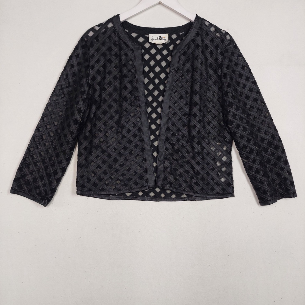 Joseph Ribkoff Black Lattice Cage Open Front Bolero Jacket Faux Leather Trim L